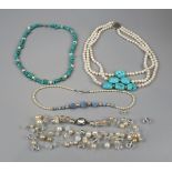 4 pearl, turquoise and stone necklaces