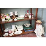 Collection of ceramics to include doll (over 2 shelves)