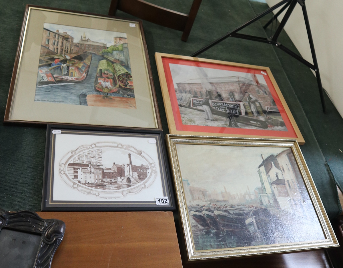 4 Birmingham canal themed pictures to include oil and watercolour of Gas Street Basin