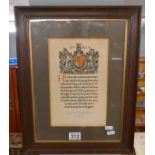 Framed George V Great War certificate to Eng. Lt. John Duncan Davidson R.N.R