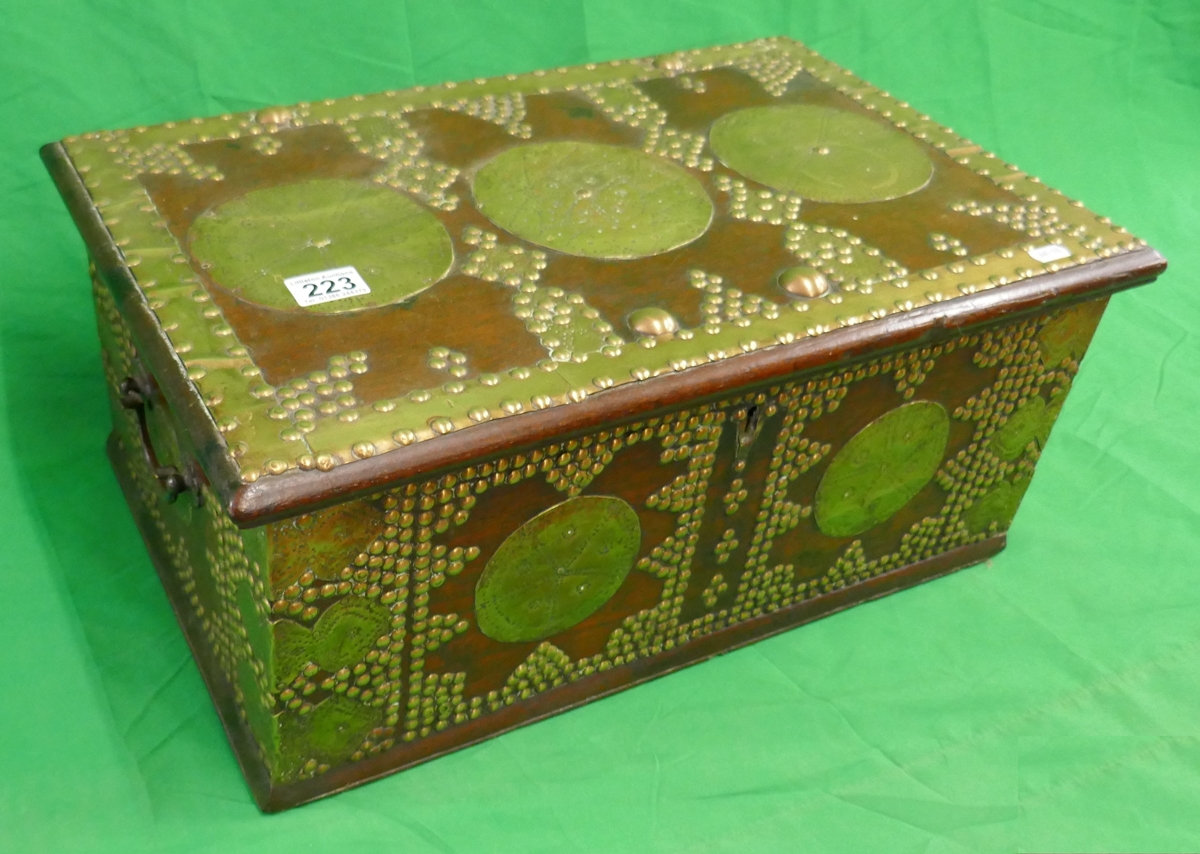 Early oak and brass decorated fitted box