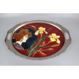 Porcelain, enamel and silver plate Art Nouveau serving tray