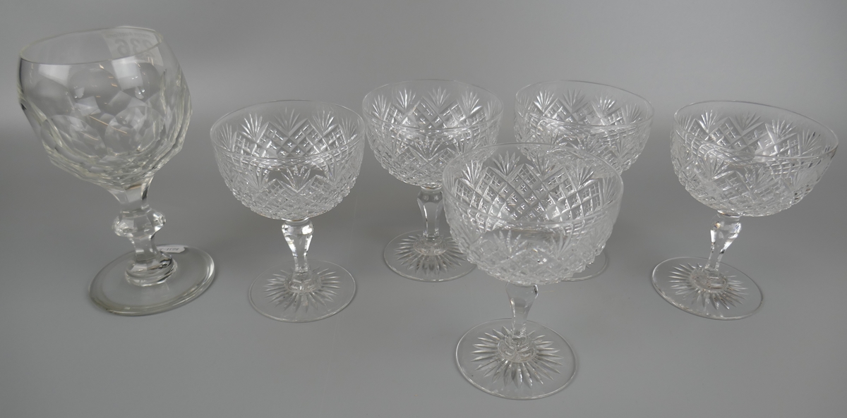 Collection of 1930's champagne glasses and a rummer