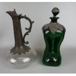 Danish Holmegaard green glass decanter and another, both with pewter overlay