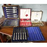 Collection of cased cutlery to include hallmarked silver handled examples