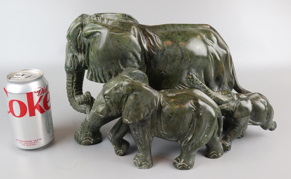 Carved soap stone elephant family, Signed A/F - Approx. L: 35cm