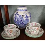 2 Minton Haddon Hall trios and side plate and Masons ginger jar