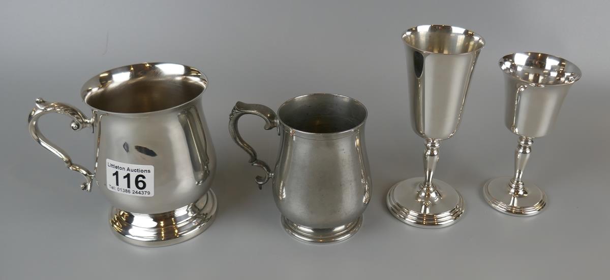 2 silver plated goblets and 2 tankards