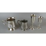 2 silver plated goblets and 2 tankards