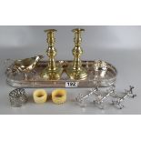 Collection of silver plate to include a pair of brass candlesticks and 2 ivory napkin rings