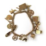 A 9ct gold charm bracelet suspending a selection of 9ct gold and yellow metal charms.