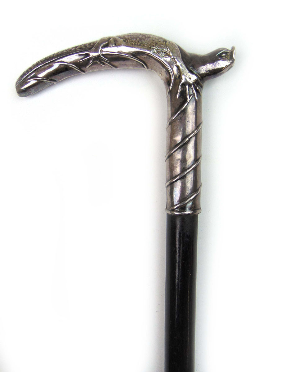 A continental white metal and ebonised walking cane having a zoomorphic handle, l. - Image 3 of 3