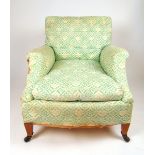 A mid 20th century Howard & Sons armchair covered in 'H & S' ticking on square section tapering