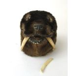 A Victorian taxidermy baby seals head inkwell with added tusks, h, 9.