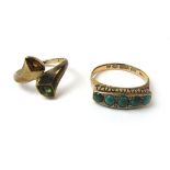 A Victorian 15ct gold and turquoise ring together with yellow metal, green and orange stone ring.