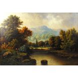 David Bates (1840-1921), a lake side landscape, signed, oil on canvas,