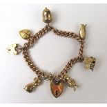 A 9ct gold charm bracelet suspending a selection of 9ct gold charms.