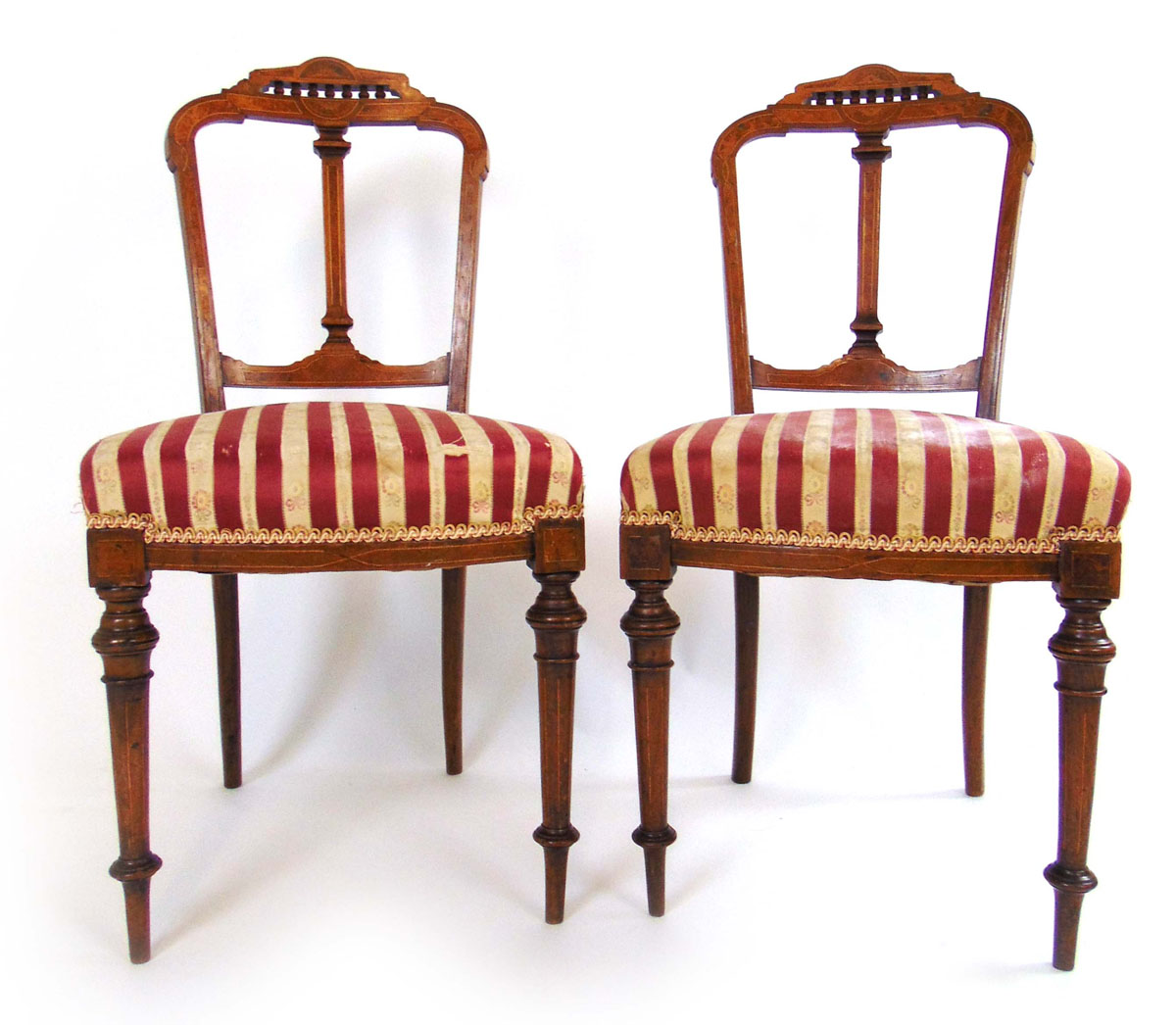 A set of six Edwardian walnut, amboyna, boxwood strung and marquetry dining chairs, - Image 2 of 3