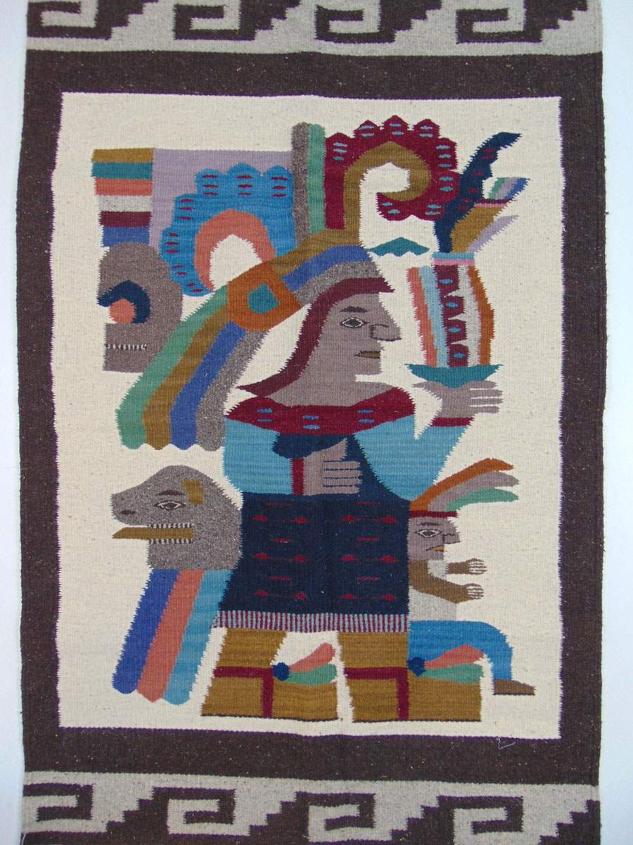 A handwoven South American rug, the border surrounding a warrior in headdress, - Image 3 of 3