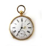 A yellow metal cased pocket watch marked '18k'. Approx weight 75.