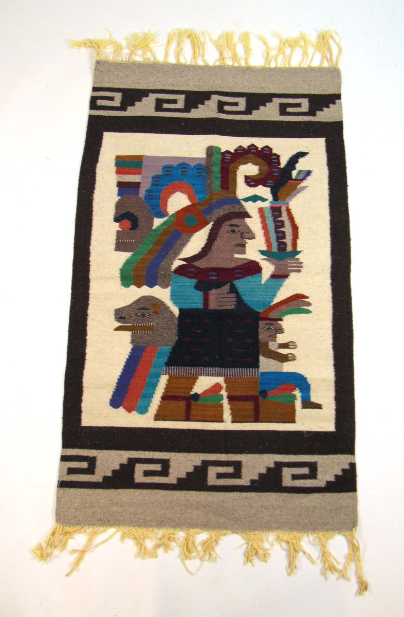 A handwoven South American rug, the border surrounding a warrior in headdress, - Image 2 of 3