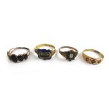 A group of four 19th century gold and yellow metal rings to include an 18ct yellow gold and enamel