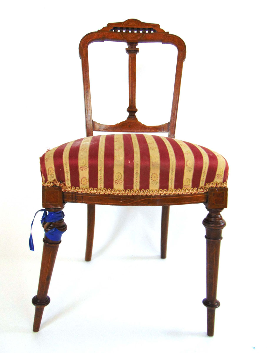 A set of six Edwardian walnut, amboyna, boxwood strung and marquetry dining chairs, - Image 3 of 3