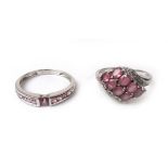 A 9ct white gold pink sapphire and diamond ring of crossover form together with one other 9ct white