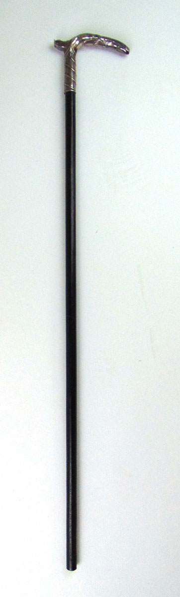 A continental white metal and ebonised walking cane having a zoomorphic handle, l.