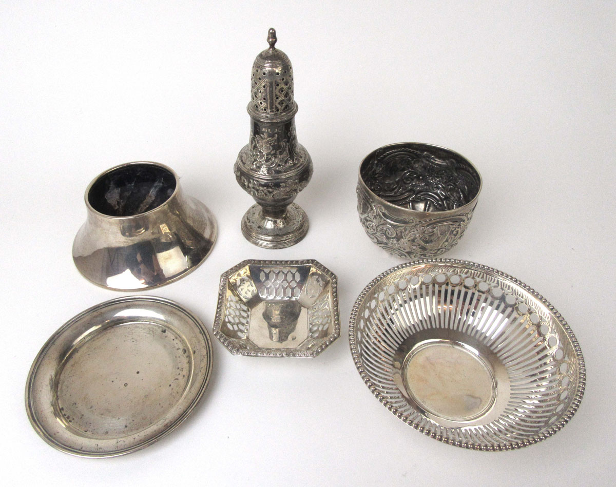 An assortment of silver and white metal items to include a George III silver sugar castor, - Image 2 of 2