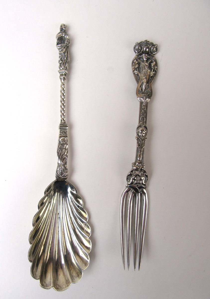 A Victorian silver apostle spoon together with ornate Victorian silver fork, - Image 2 of 2