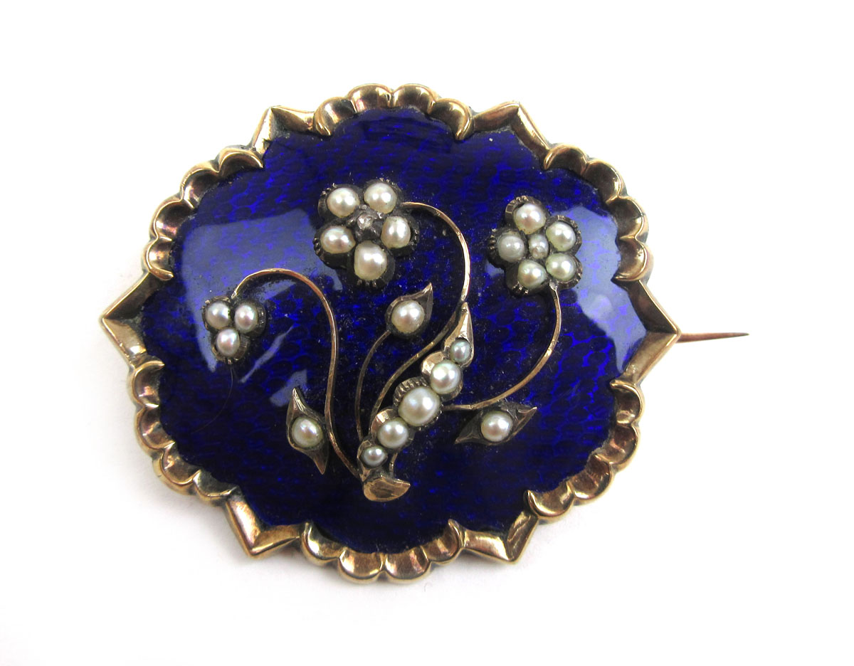 An early Victorian yellow metal, blue enamel, seed pearl and diamond mourning brooch,