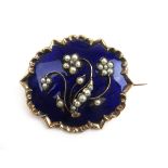 An early Victorian yellow metal, blue enamel, seed pearl and diamond mourning brooch,