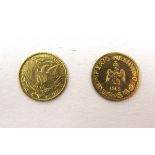 A miniature replica President Kennedy gold coin together with a miniature replica Mexican gold coin.
