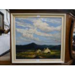 A framed oil on canvas of cottage by lake scenes, possibly by L.