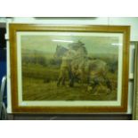A birds eye maple framed and glazed coloured print of work horses