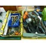 Two trays of hand tools to include electrical circular saw, sanders, saws, screwdrivers etc.
