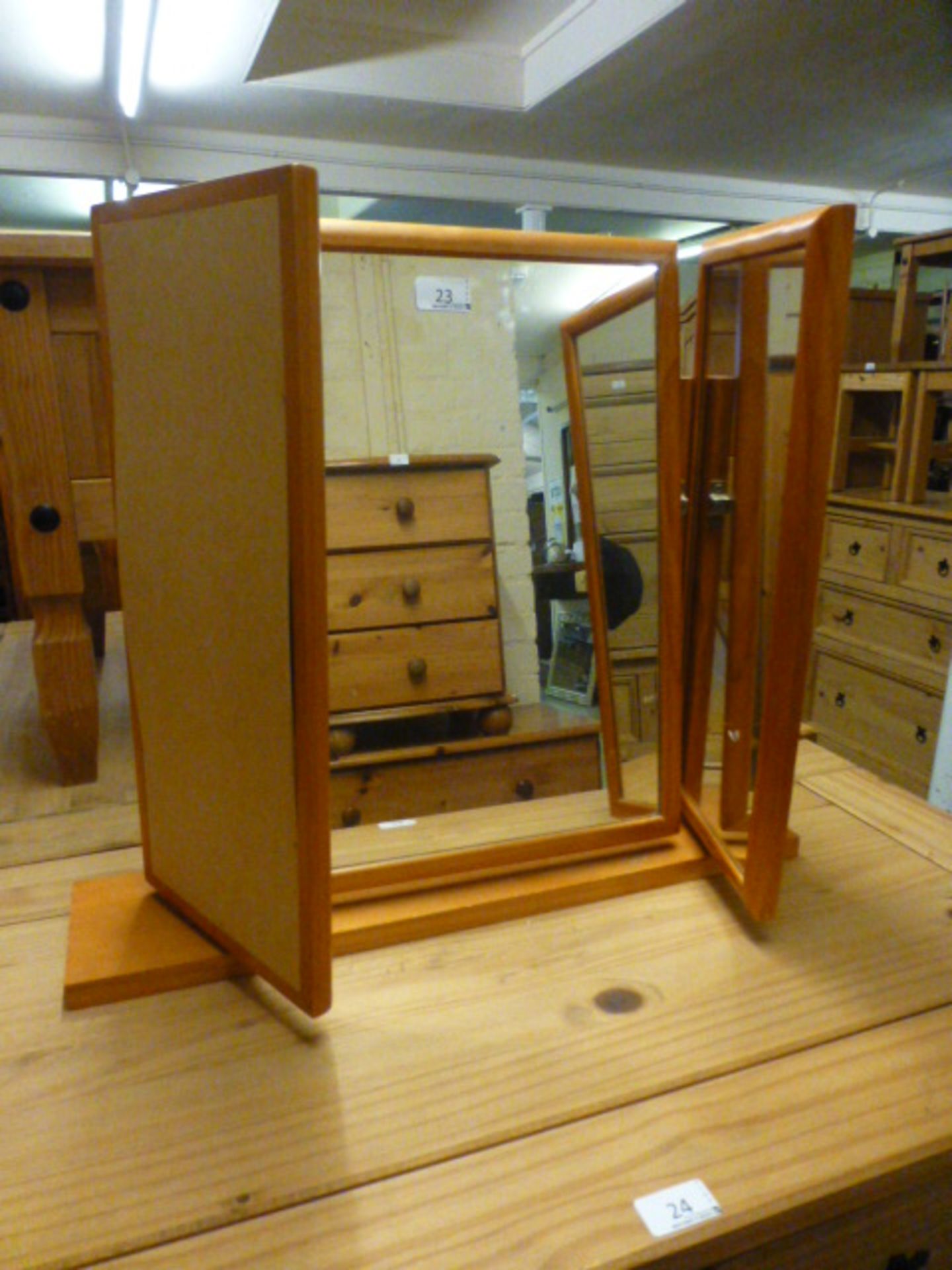 A pine framed triple vanity mirror