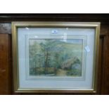 A framed and glazed watercolour of water mill in woodland scene,