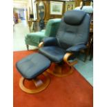 A brown upholstered modern swivel relaxing chair with matching foot stool from HSL