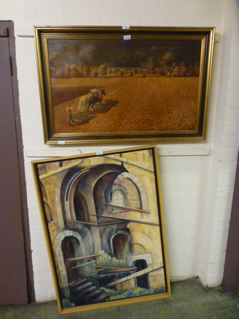 A framed oil of church interior along with a framed print of ploughing scene