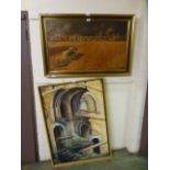 A framed oil of church interior along with a framed print of ploughing scene