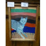A small oil on board of comical cat signed bottom right Helen 1984