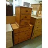 A pine chest of four long drawers along with a pine bedside chest