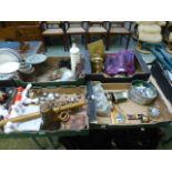 Four trays of various items to include binoculars, scales, lamp, brass ware etc.