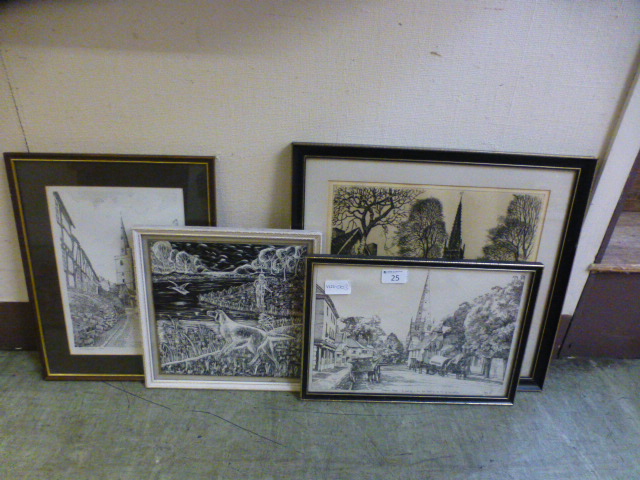 Four framed and glazed monochrome etchings and prints of buildings etc.