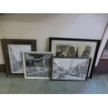 Four framed and glazed monochrome etchings and prints of buildings etc.