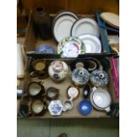 Two trays of ceramic ware to include a lidded Masons ginger jar, lustre jugs,