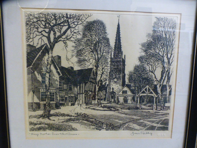 Four framed and glazed monochrome etchings and prints of buildings etc. - Image 2 of 2