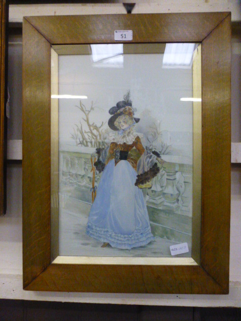 A framed and glazed 19th century painting on glass of lady in period dress